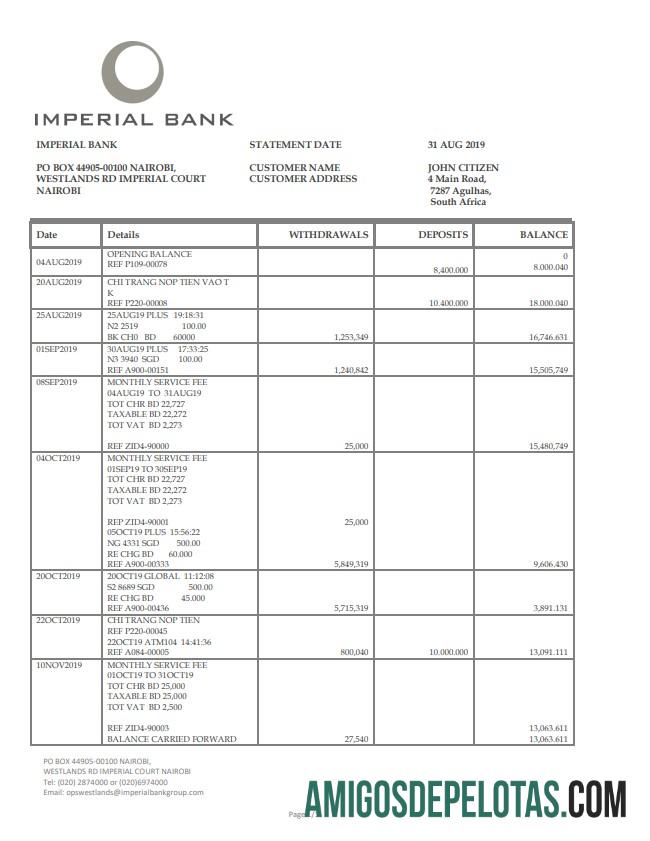 Extrato bancário imperial da África do Sul em branco, modelo fácil de preencher em formato Word e PDF